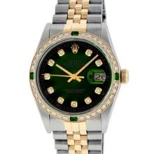 Rolex Mens Two Tone Green Vignette Emerald and Diamond Datejust Wristwatch