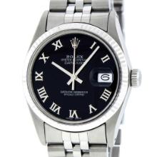 Rolex Mens Stainless Steel Black Roman Datejust Wriswatch