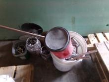 Group of Hardware and Assorted Items Near Garage Door, 5 Gal Bucket, Rolls