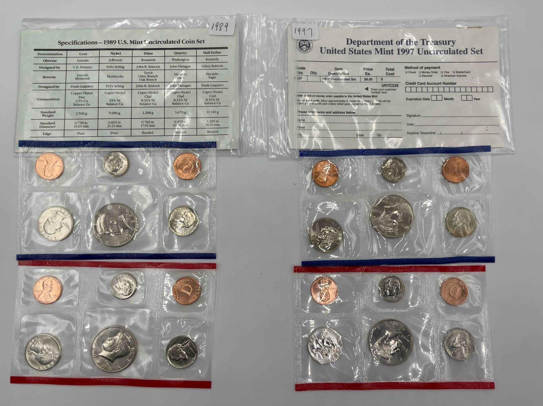 US Mint Sets: 1980, 1981, 1989, 1997 US Mint Sets -P,D in original cellophane, no envelope. 1999,