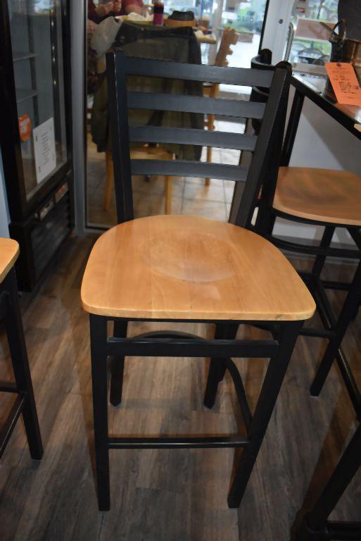 TABLE WITH METAL BASE AND WOOD TOP AND (2) BAR STOOLS,