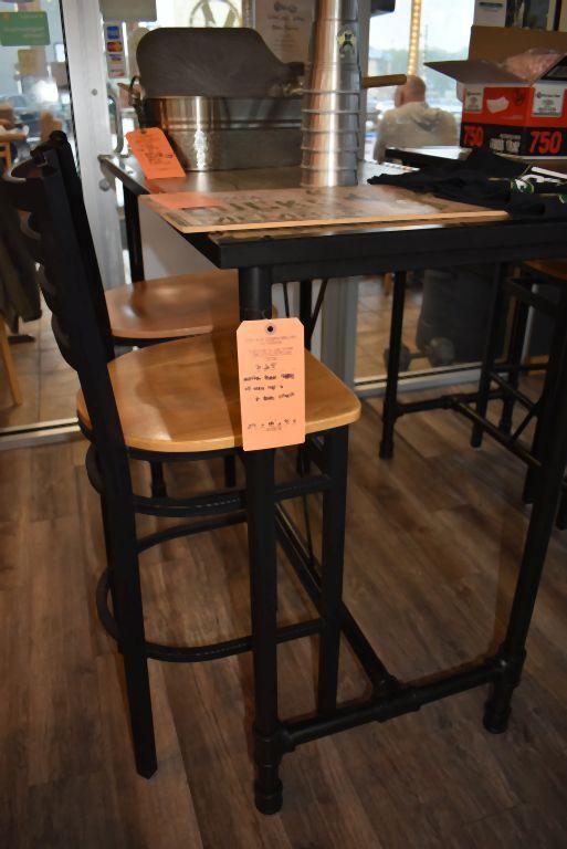 TABLE WITH METAL BASE AND WOOD TOP AND (2) BAR STOOLS,