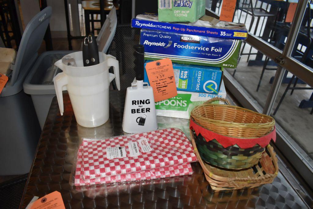 MISC. ITEMS ON TABLE TOP; BAR TOOLS,