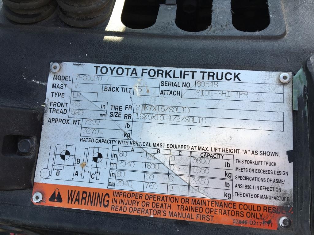 2003 Toyota 7FGCU20 LoPro Industrial Forklift,