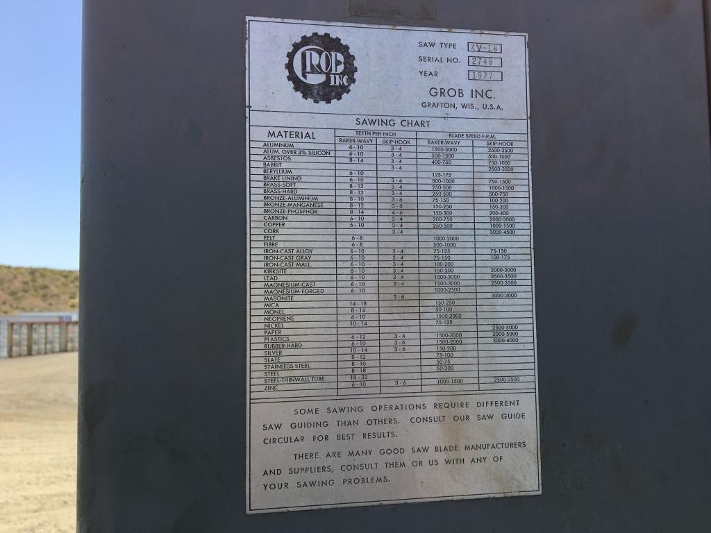 1977 Grob 4V-18 Vertical Bandsaw,