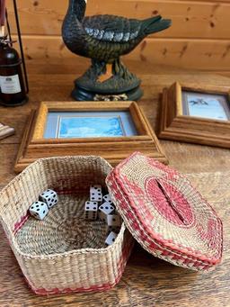 Duck Figurine, Incense Holder, Woven Basket with Dice