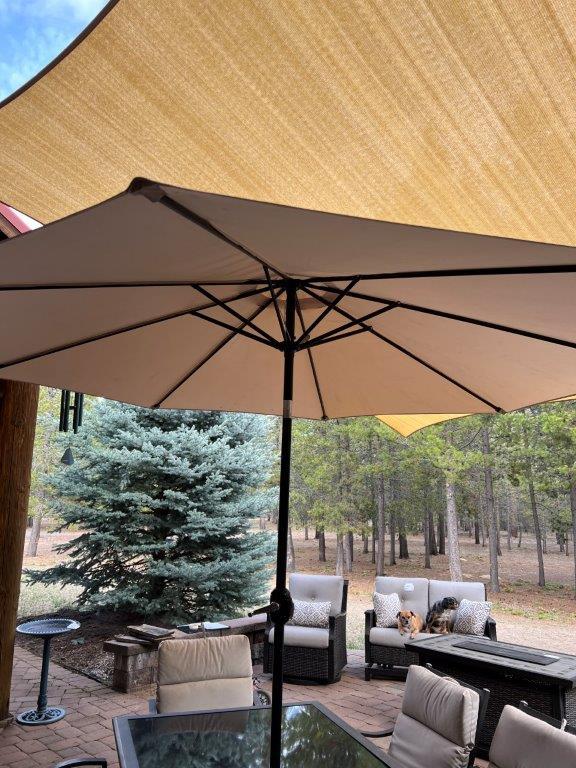 Patio Table, Chairs with Cushions, Umbrella and Stand