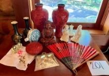 Pair Asian Style Intricately Carved Cinnabar Vases