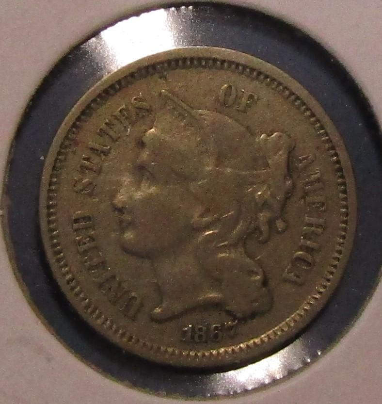 1867 THREE CENT NICKEL VG