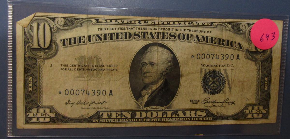 1953 $10.00 SILVER CERTIFICATE STAR NOTE F/VF