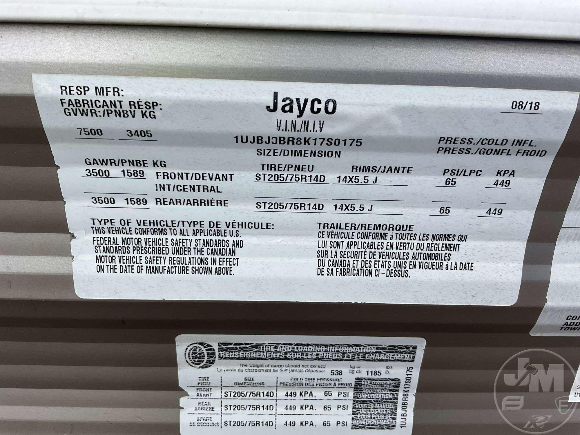 2019 JAYCO JAY FLIGHT SLX VIN: 1UJBJ0BR8K17S0175 BUMPER PULL CAMPER