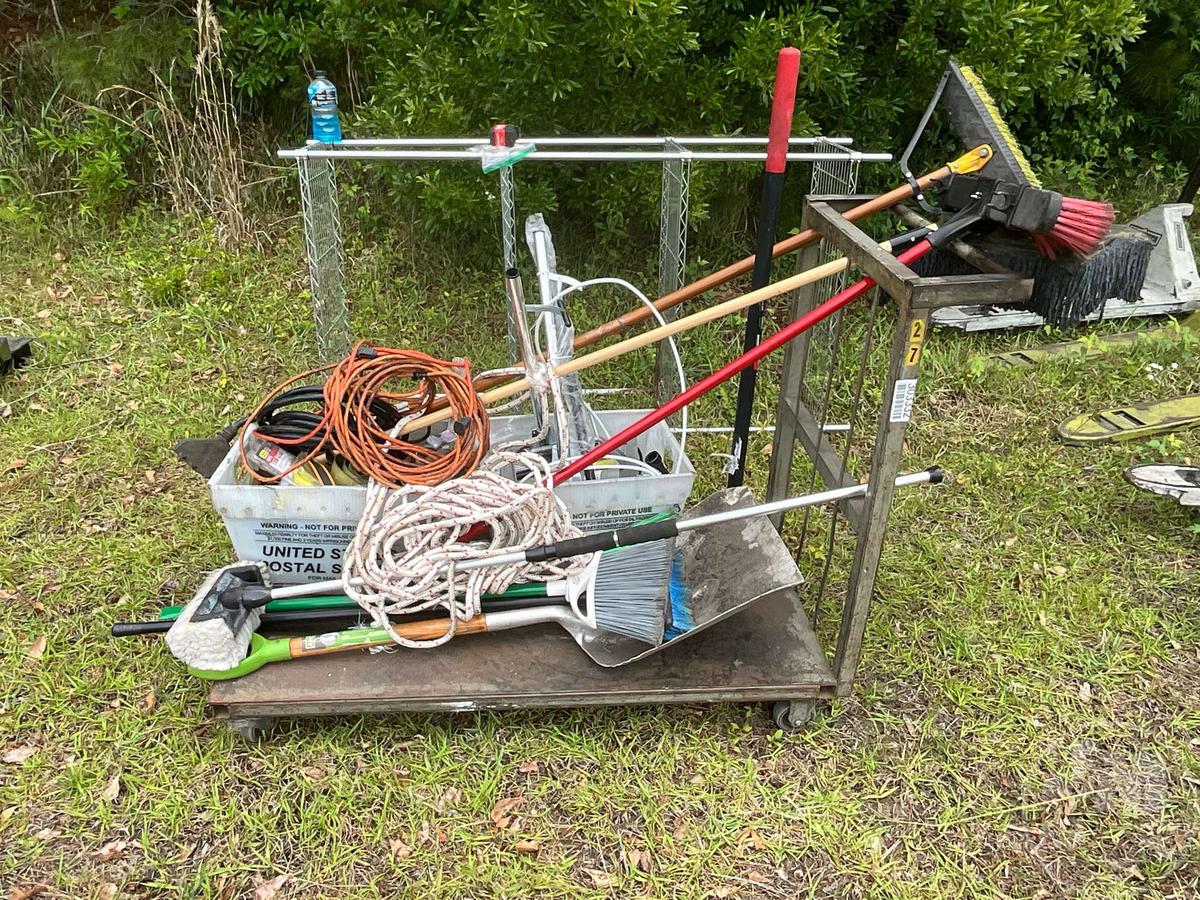 CART WITH BROOMS, EXTENSION CORDS, SPONGE ROLLER MOPS, STRAPS &