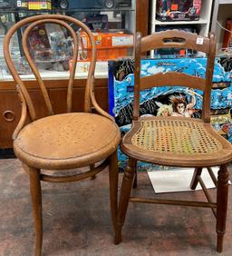 TWO ANTIQUE CHAIRS - ANTIQUE BENTWOOD BISTRO/DINING CHAIR (1) - OAK CANE SEAT LADDER BACK