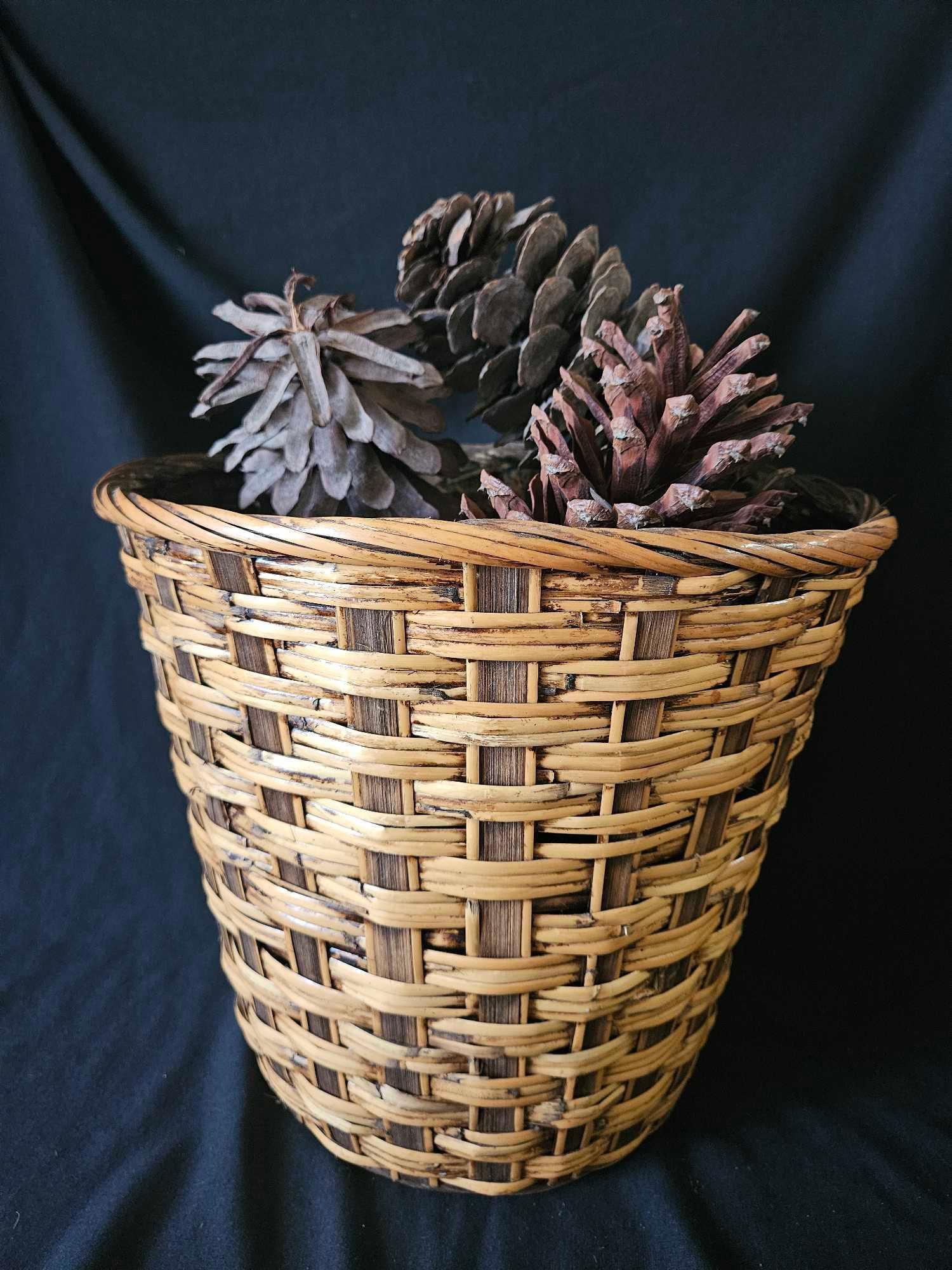 LARGE VINTAGE WOVEN BASKET WITH CURIOUSLY LARGE PINECONES