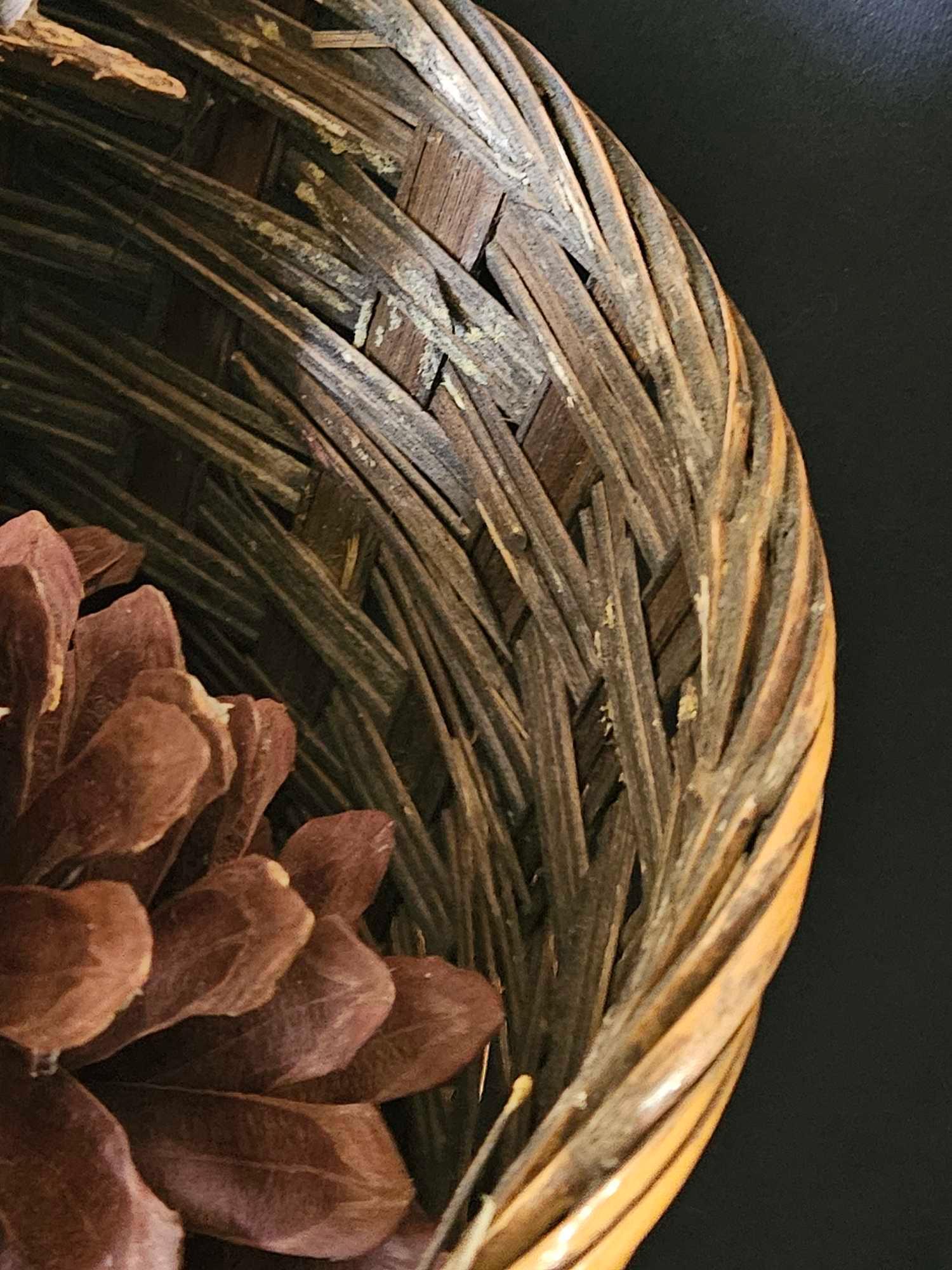 LARGE VINTAGE WOVEN BASKET WITH CURIOUSLY LARGE PINECONES