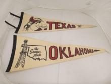 (2) Large BLACK AND WHITE TEXAS AND OKLAHOMA PENNANTS, VINTAGE
