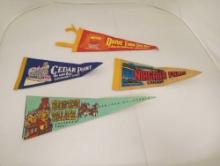 (4) vintage LANDMARK PENNANTS, CEDAR POINT, NIAGARA FALLS, FRONTIER VILLAGE, DRIVE THROUGH TREE PARK