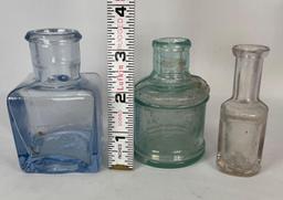 3 Small Glass Bottles- Green is Marked "Ink", Clear Marked "Perfume"