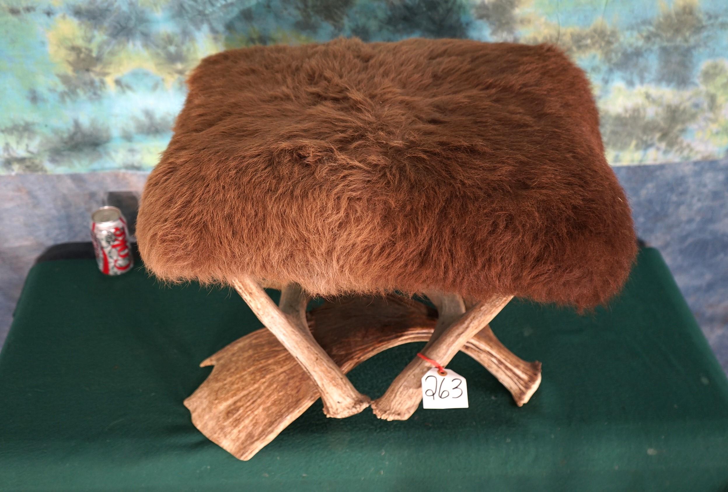 American Bison Skin Footstool with Moose Antler Legs