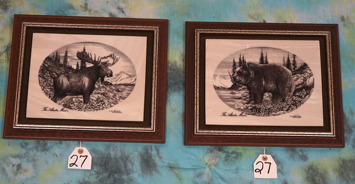 Two Nicely Framed "Etched in Crystalline Marble" Wildlife Pictures