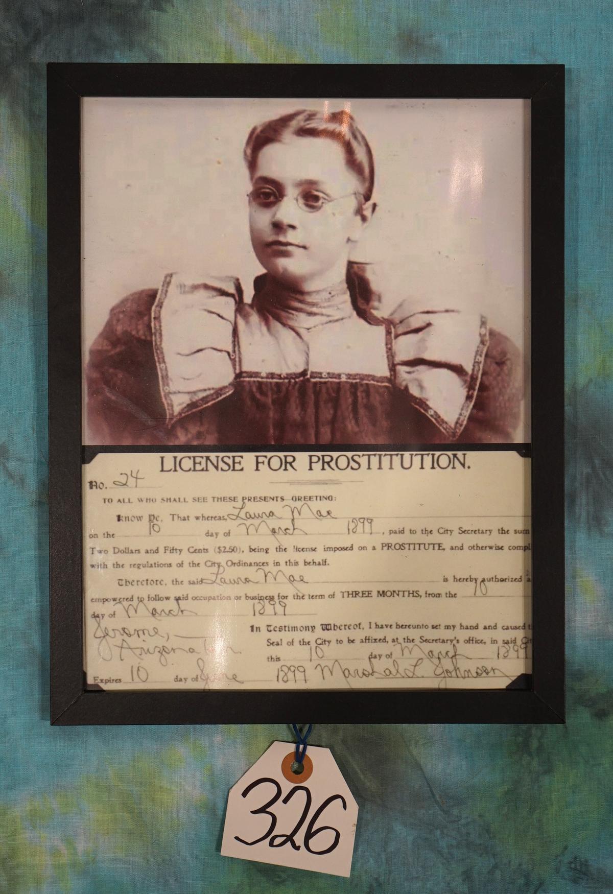 Framed Copy of Old West Prostitution License