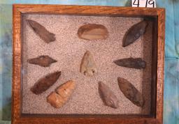 Wooden Display of 10 Authentic Spear Points and Arrowheads Artifacts