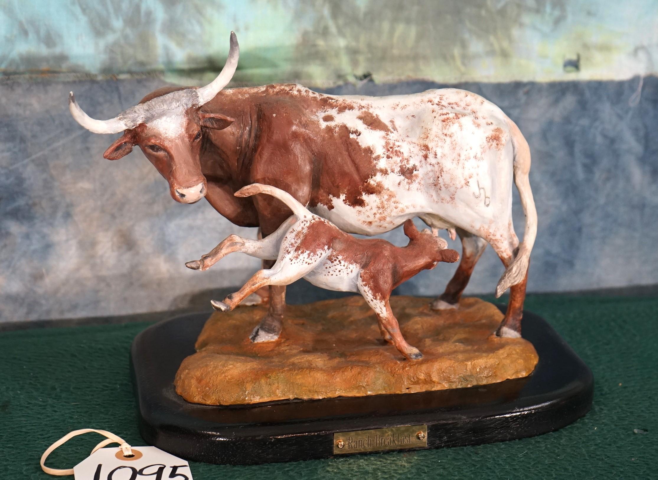 Bronze Longhorn Cow with Calf called "Ranch Breakfast", by Capt. John Brandt