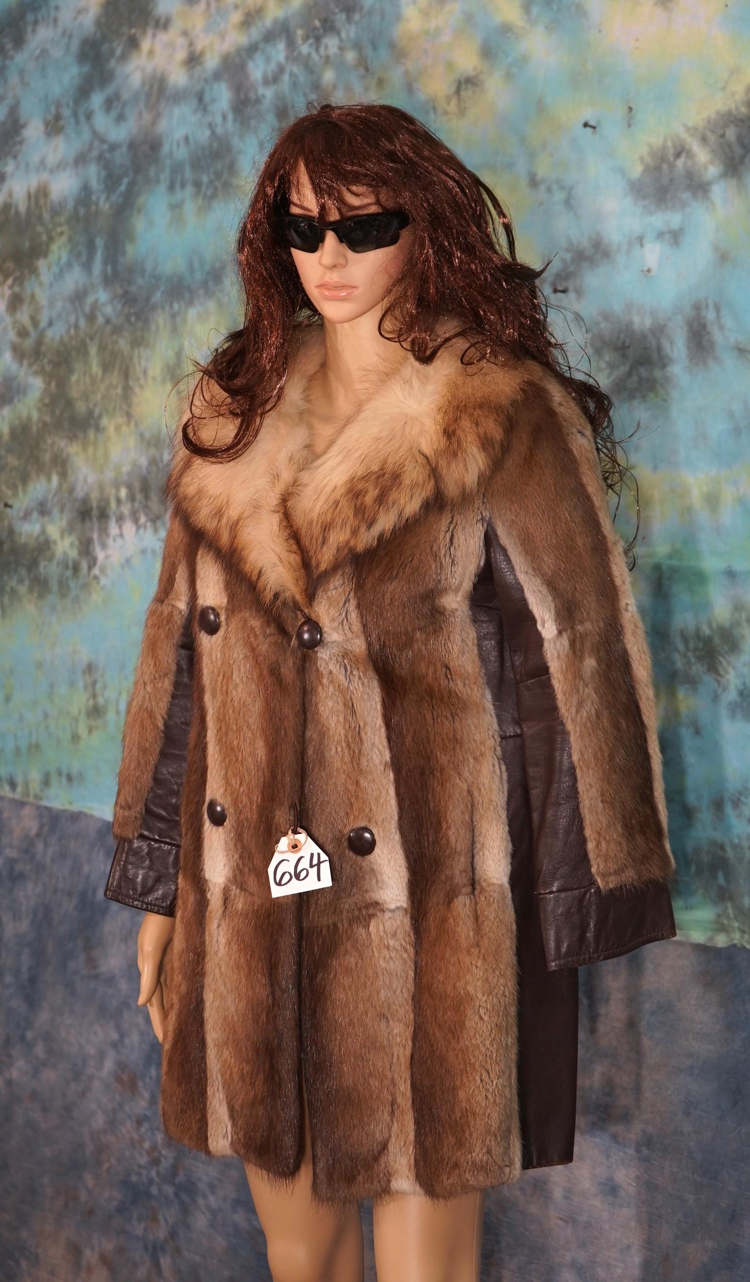 Ladies  Otter with Wolf Skin Collar  Long Fur Coat  Size S/M