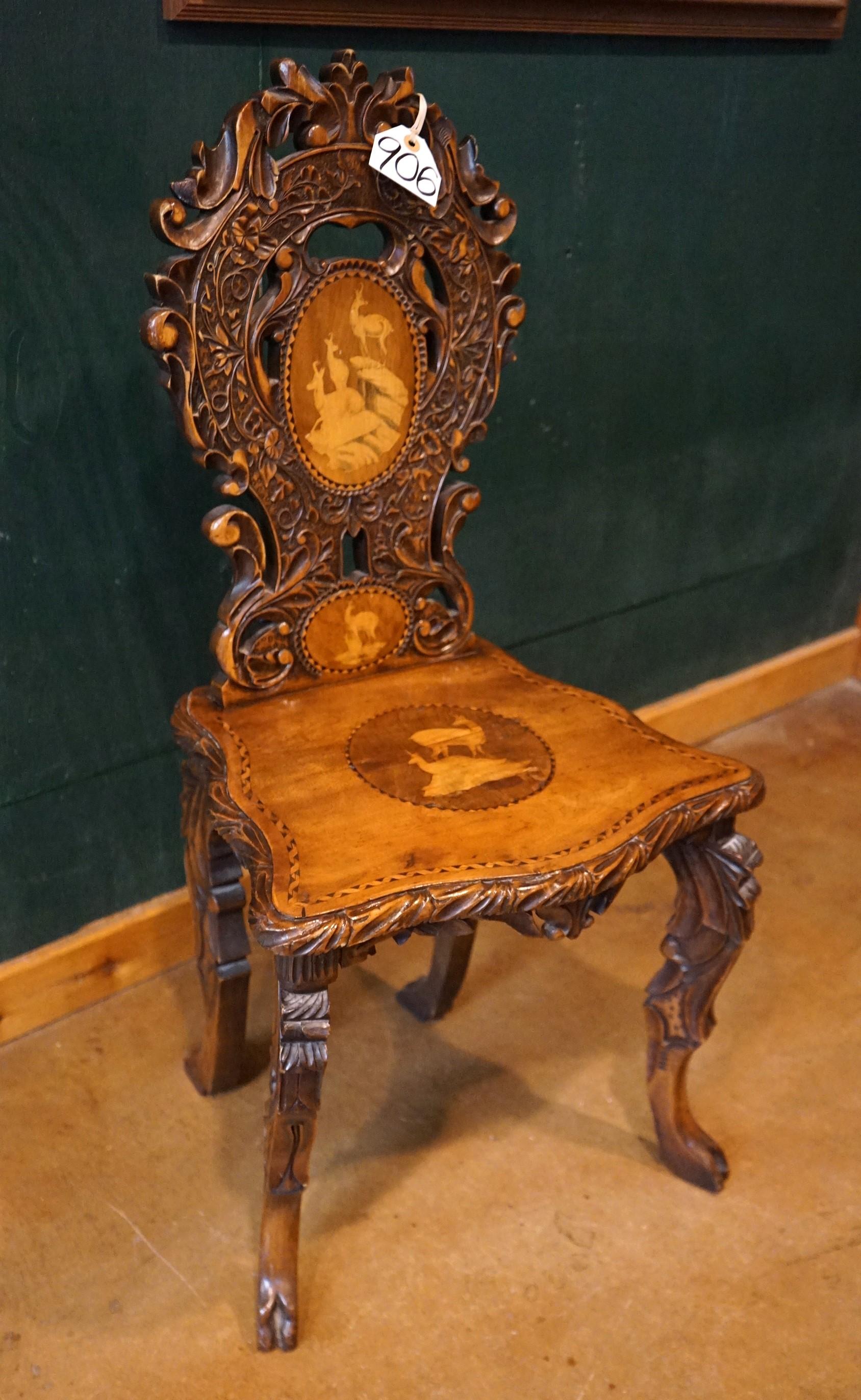 Antique Late 1800's Circa European Hand Carved Wooden Chair with Alpine Chamois Decorating it