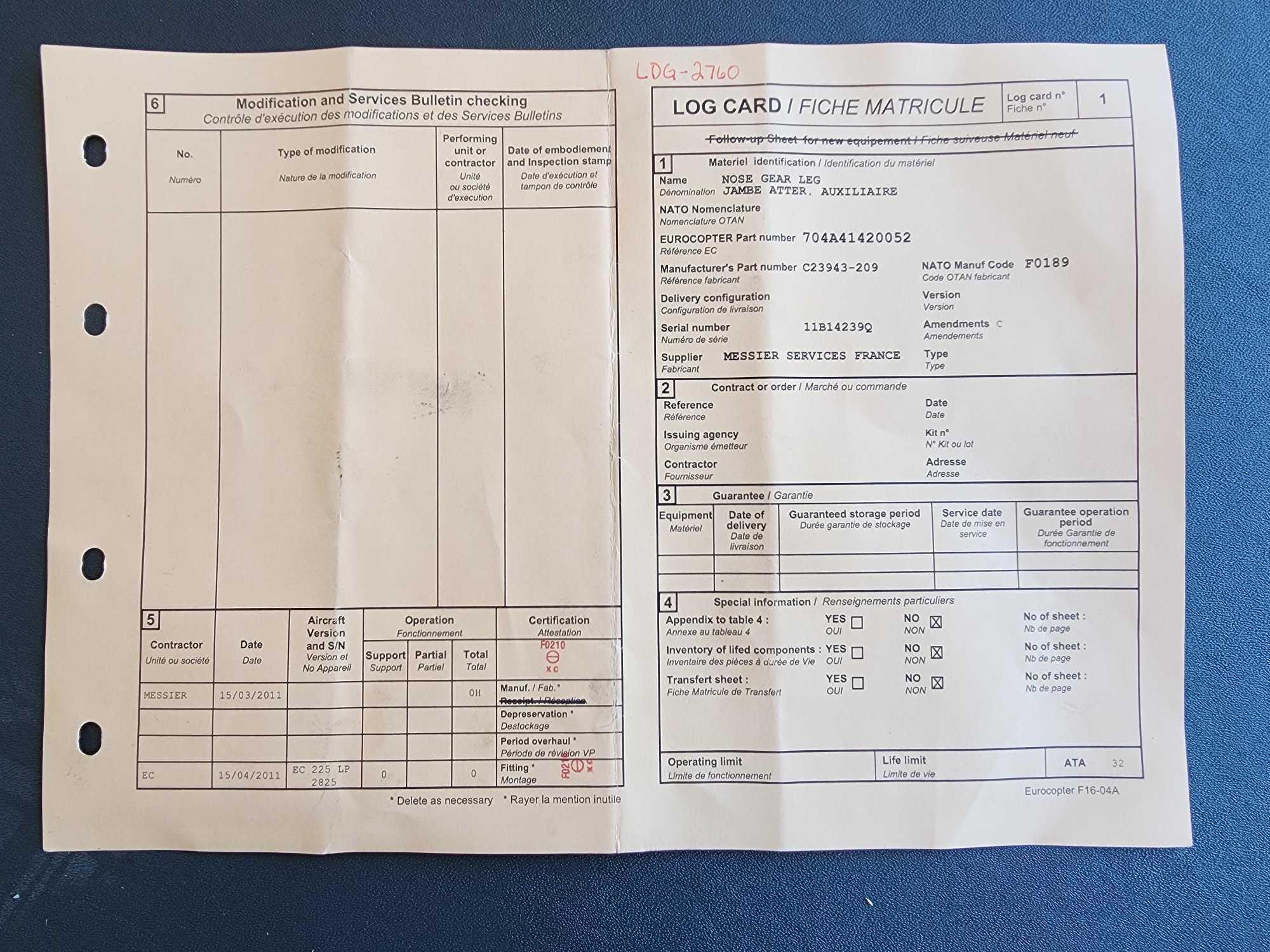 NOSE GEAR ASSY C23943-209 ALT# 704A41420052 (REMOVED FOR REPAIR)