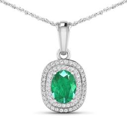 14KT White Gold 1.00ct Emerald and Diamond Pendant with Chain