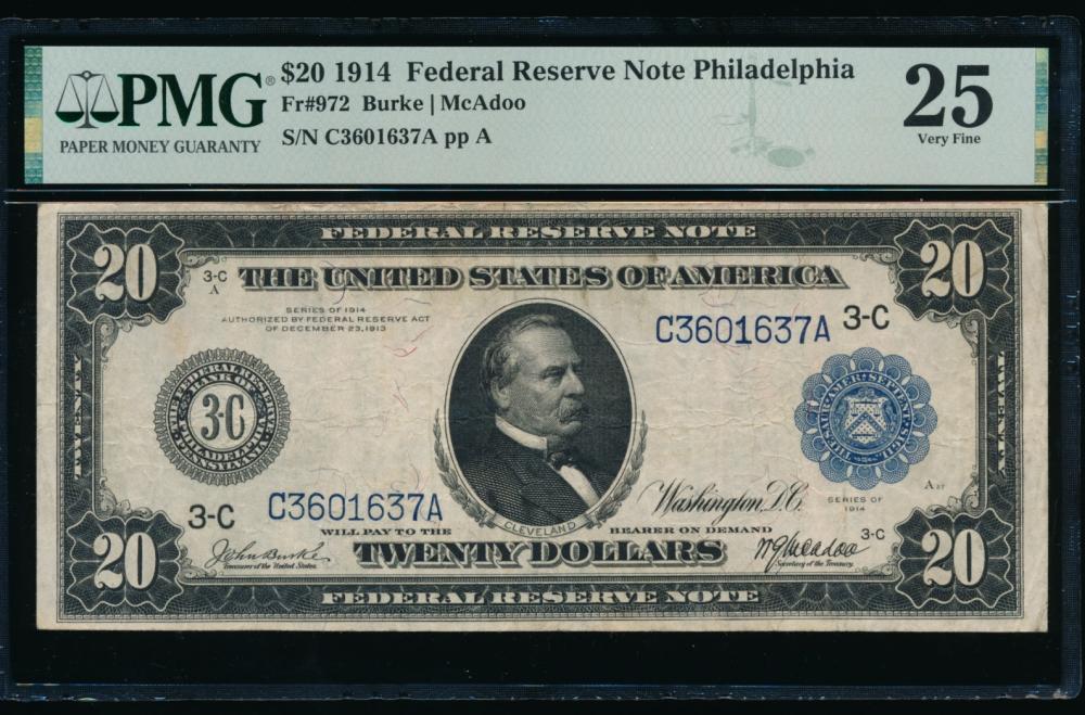 1914 $20 Philadelphia FRN PMG 25