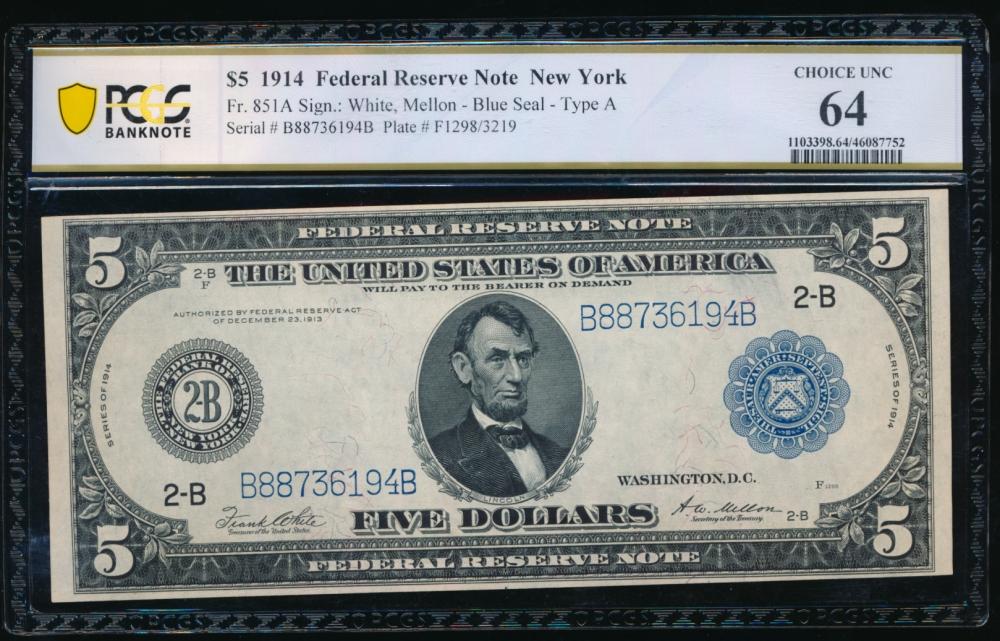 1914 $5 New York FRN PCGS 64