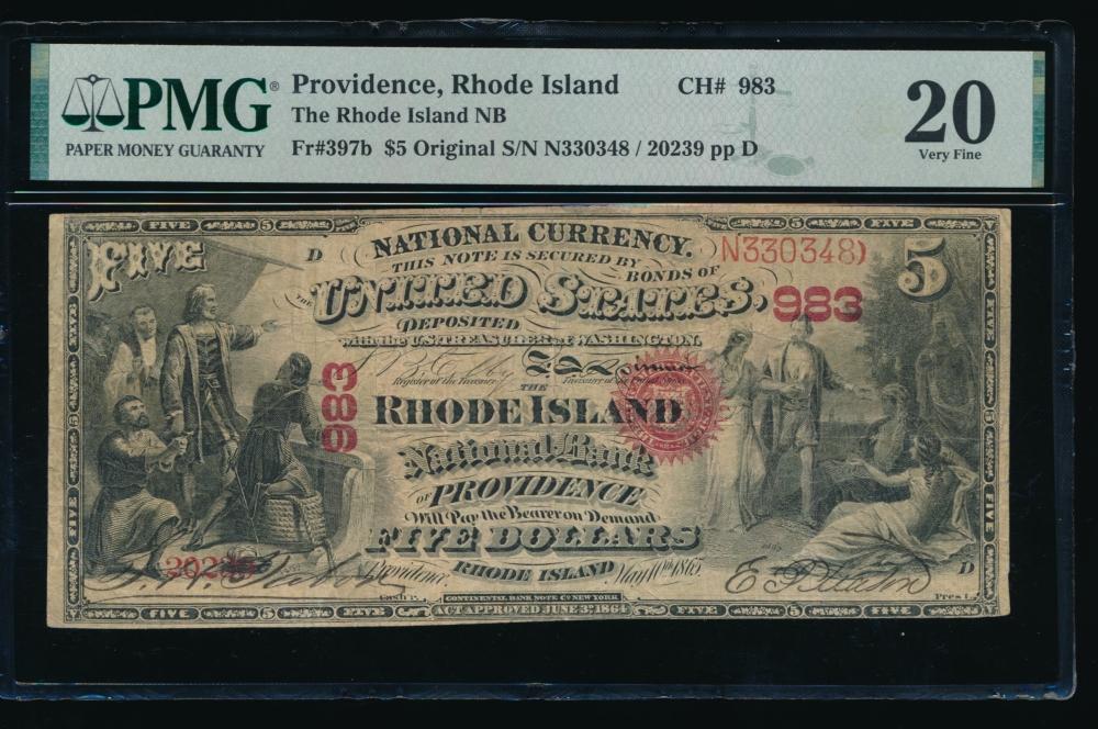 1865 $5 Providence RI National PMG 20