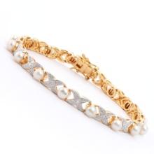 Plated 18KT Yellow Gold 6.25ctw Pearl and Diamond Bracelet