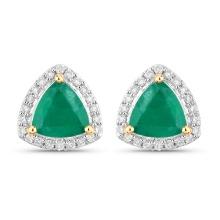 14KT Yellow Gold 1.27ctw Zambian Emerald and White Diamond Earrings