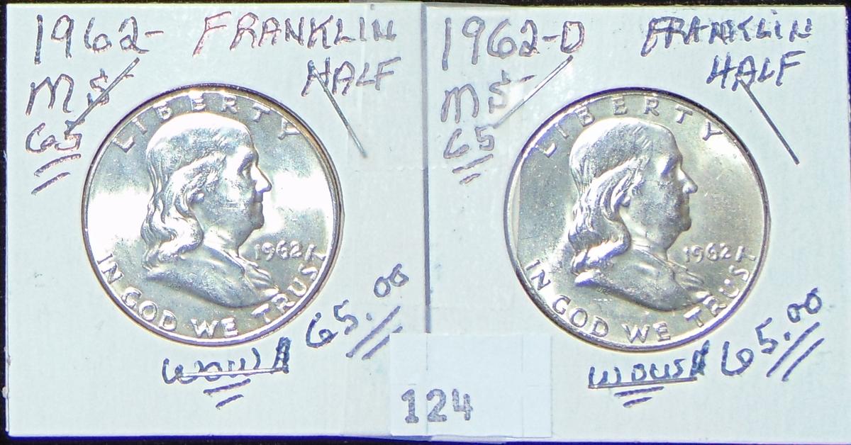 1962, 1962-D Franklin Half Dollars MS+, MS+.