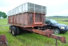 7.5'-16.5' Grain Box Trailer with Schwartz hoist, has 5' steel sides, grain door on back, wood end g