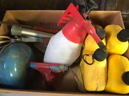 (4) partial quarts of Pennzoil 10W-30, sewer tape, and some garden utensils, plus fire place tools