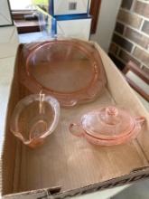 Pink Depression cake platter, 2 handled covered dish, etc....... Shipping