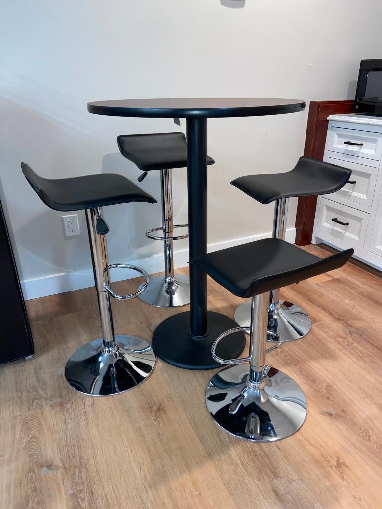 Bar Top Cafe Table with 4 Modern Black & Chrome Leather Look Low Back Chairs