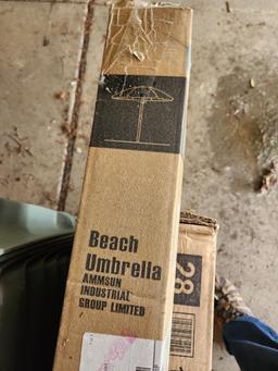 New in Box Ammsun Umbrella and Pair of Hampton Bay Wilson KD Split Back Sling Stack Chairs (located