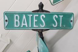Flandreau, SD Embossed Street Signs w/ Cast Iron Holder (Bates St. & 1st Ave.)