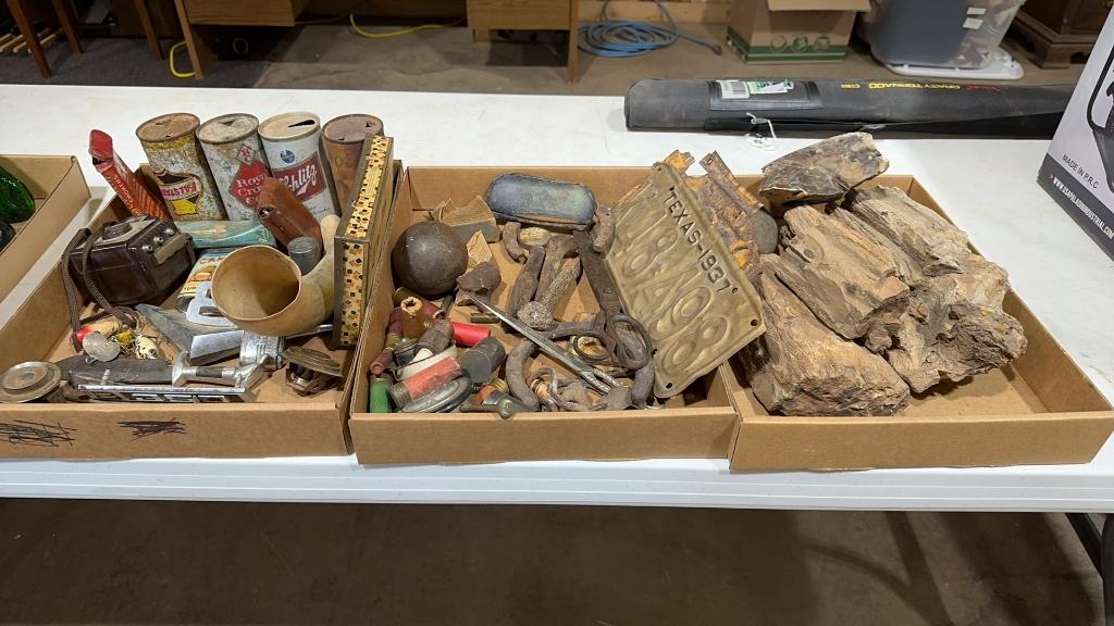 3 boxes of antiques & pet petrified wood