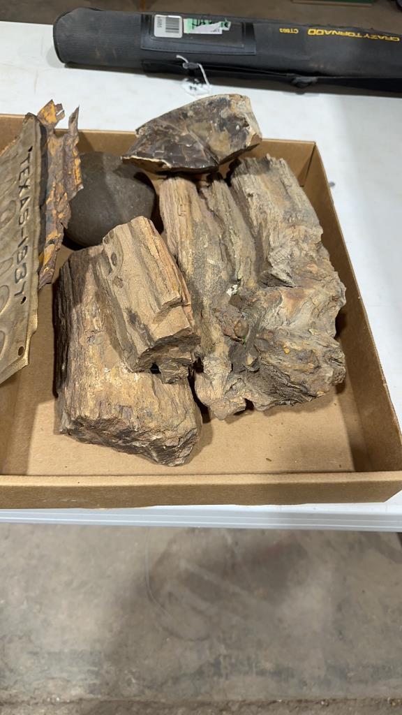 3 boxes of antiques & pet petrified wood