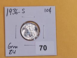 GEM Brilliant uncirculated 1936-S Mercury Dime