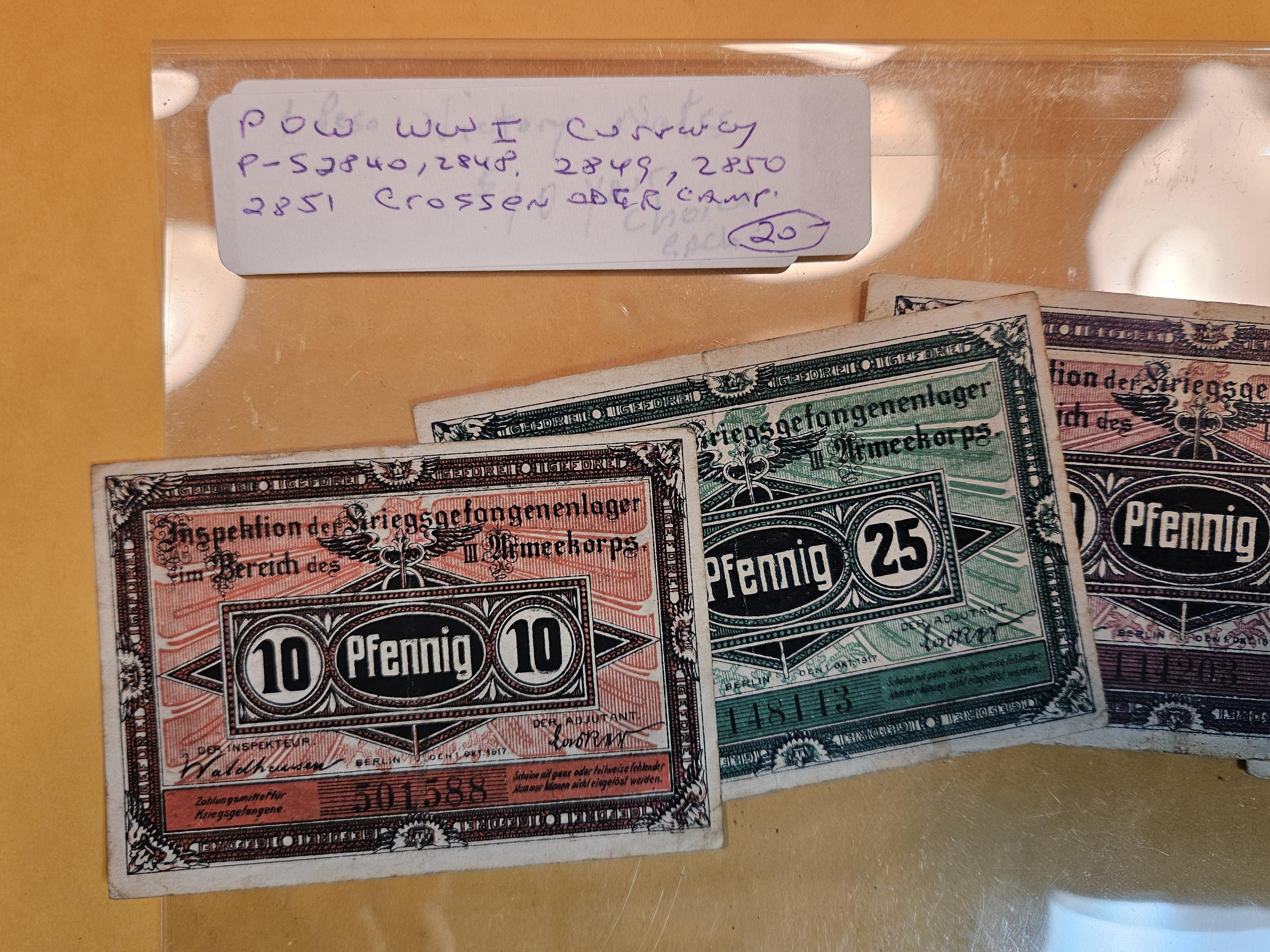 Five Prisoner-Of-War World War I Currency pieces