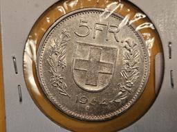 Brilliant 1954 Swizterland silver 5 francs