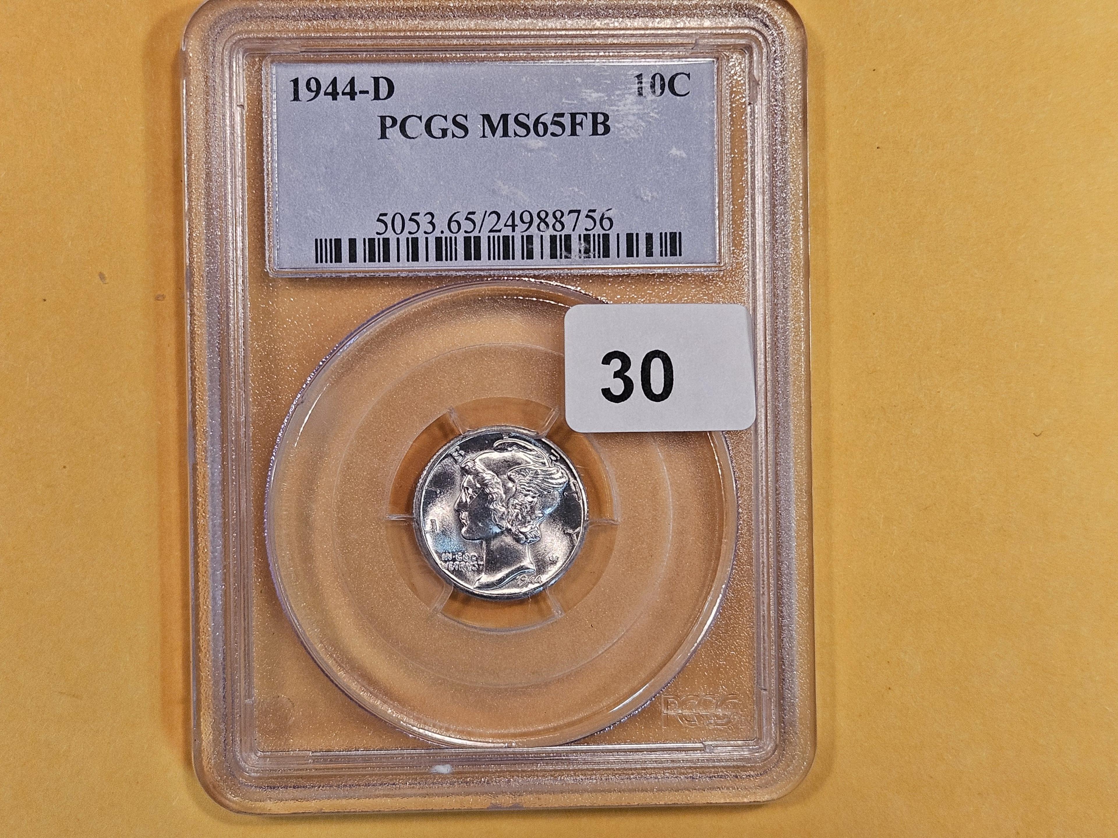 GEM! PCGS 1944-D Mercury Dime in Mint State 65 FB