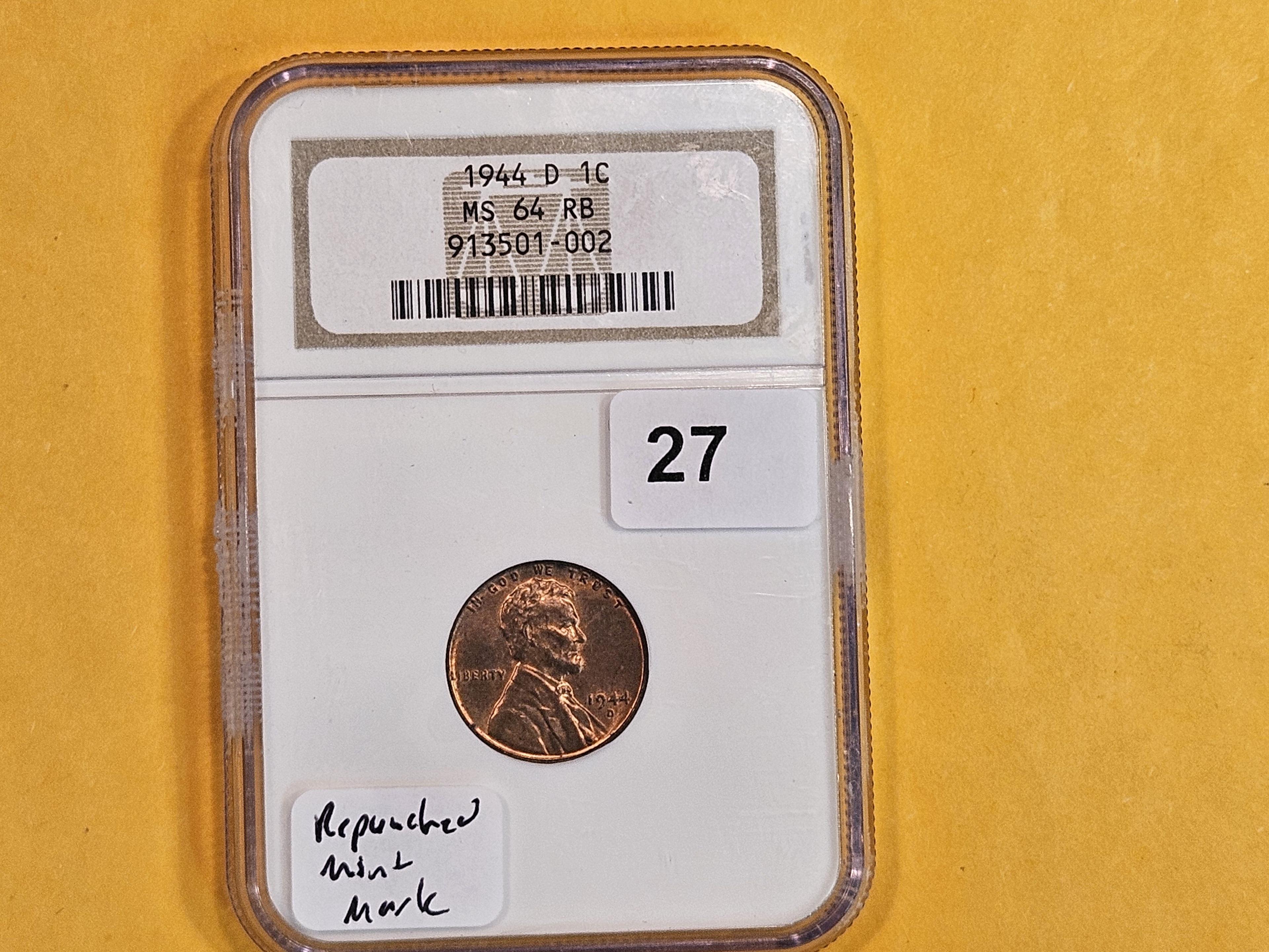 VARIETY! NGC 1944-D Wheat cent in Mint State 64 RB